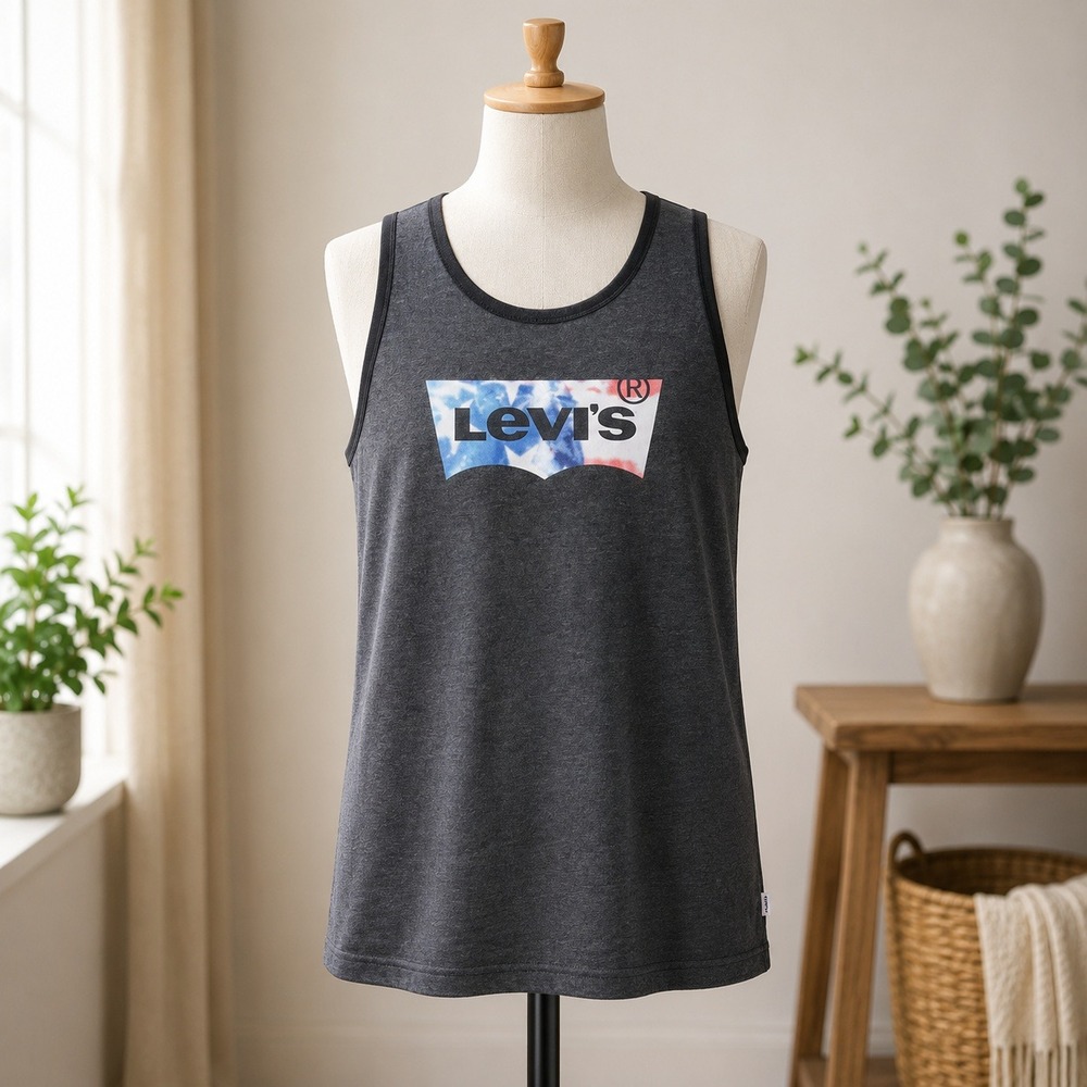 Levi's Tank Top Mens Large Gray American Flag Batwing Logo Sleeveless Shirt